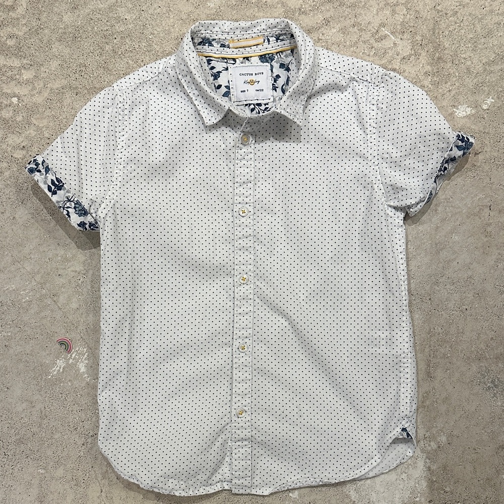 Boy's White and Blue Polka Dot Blouse